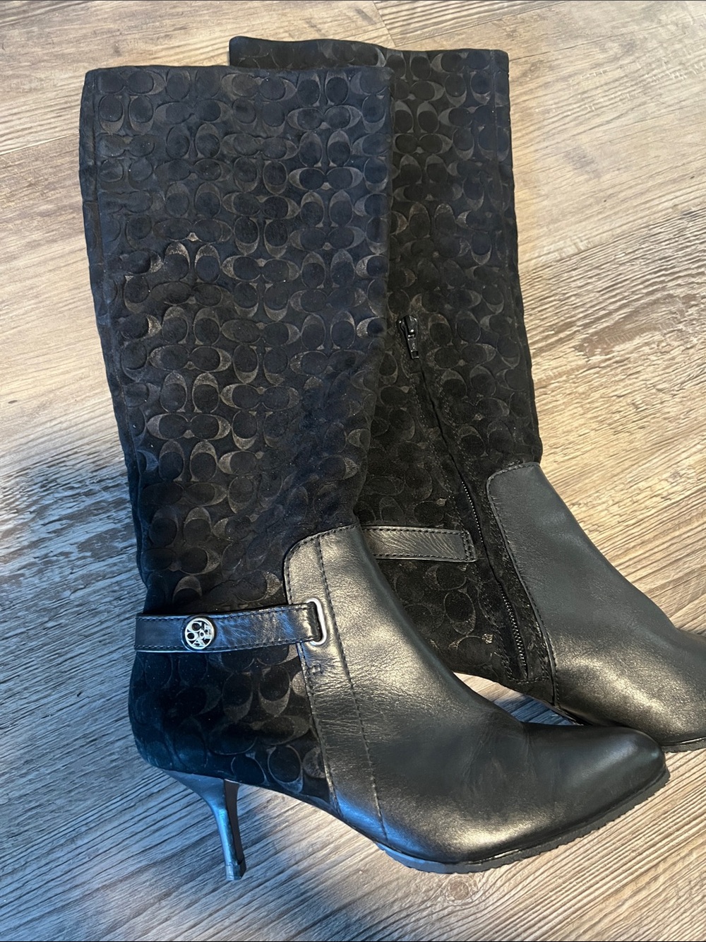 Coach Black Suede & Leather Mid-Calf Heeled Boots